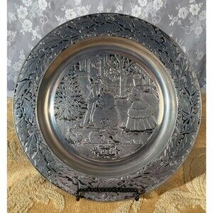 Vintage 80s Pewter Plate 1980s Holiday Winter Christmas Theme Decor Cottagecore